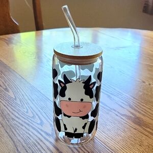 Handmade Cow Print Glass Tumbler with Glass Straw
